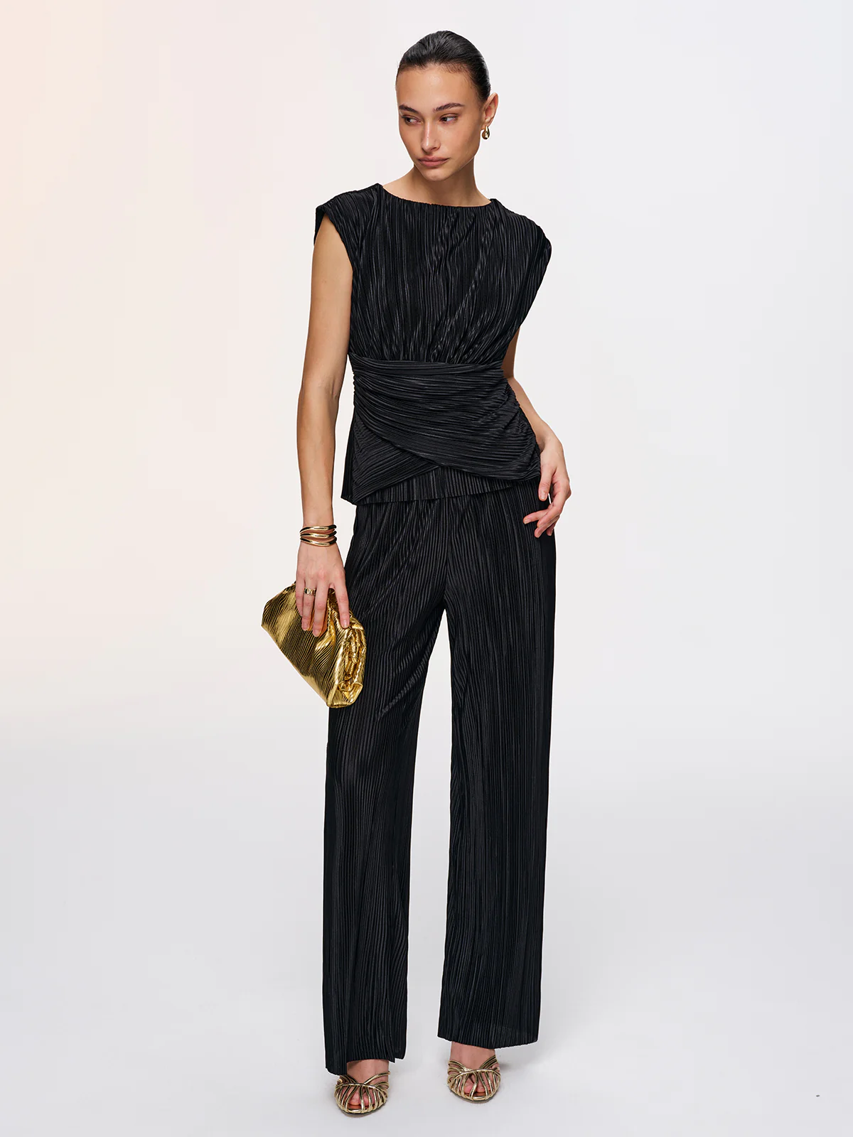 Texture Tie-Back Top & Wide-Leg Pants Set
