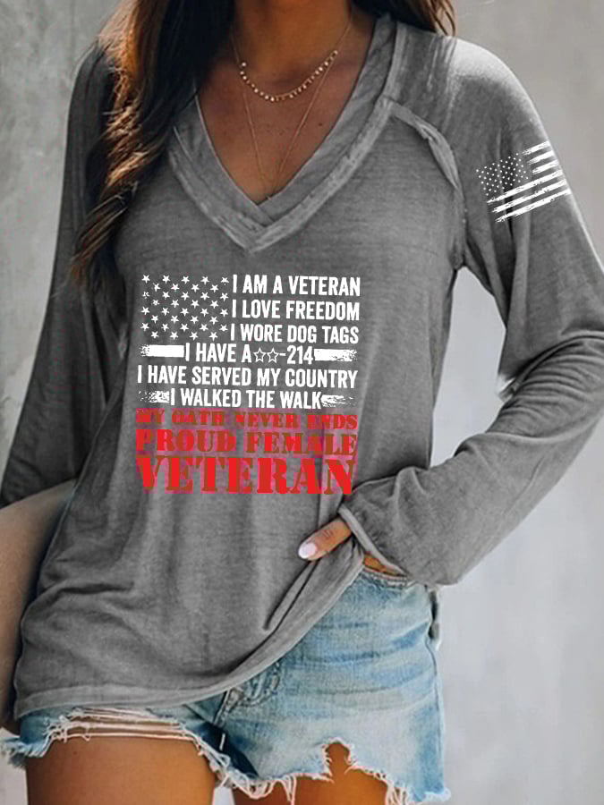 Women's Proud Female Veteran Printed V-Neck Long Sleeve T-Shirt
