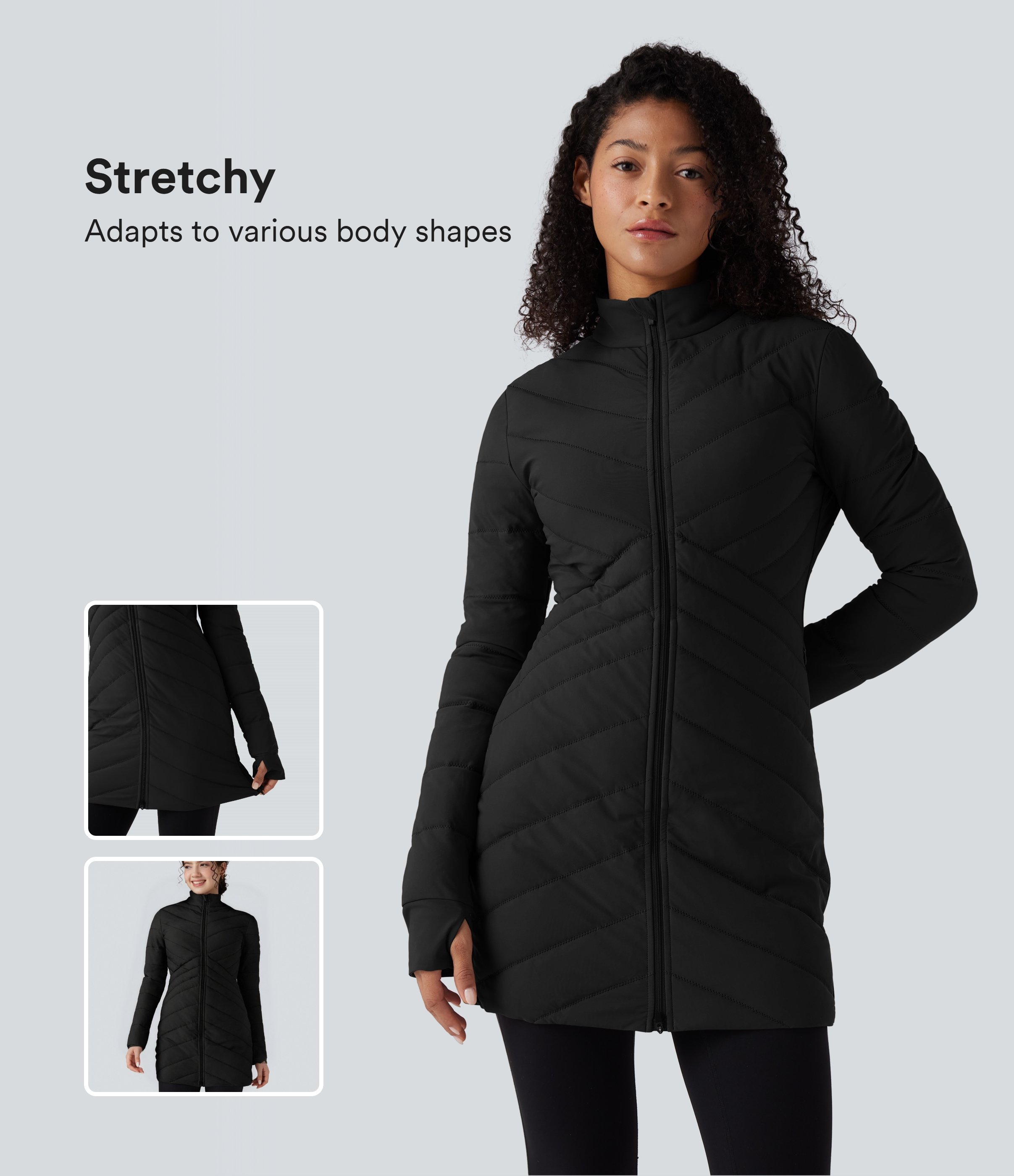 Stand Collar Long Sleeve Thumb Holes Zip Hem Stretchy Slim Casual Padded Jacket with Pockets