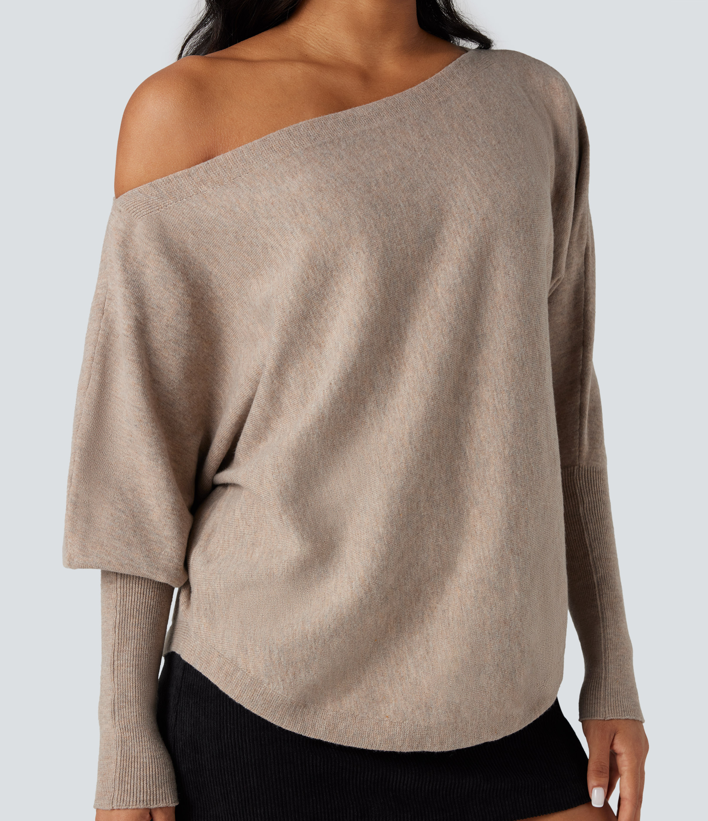 One-shoulder Batwing Sleeve Curved Hem Work Sweater