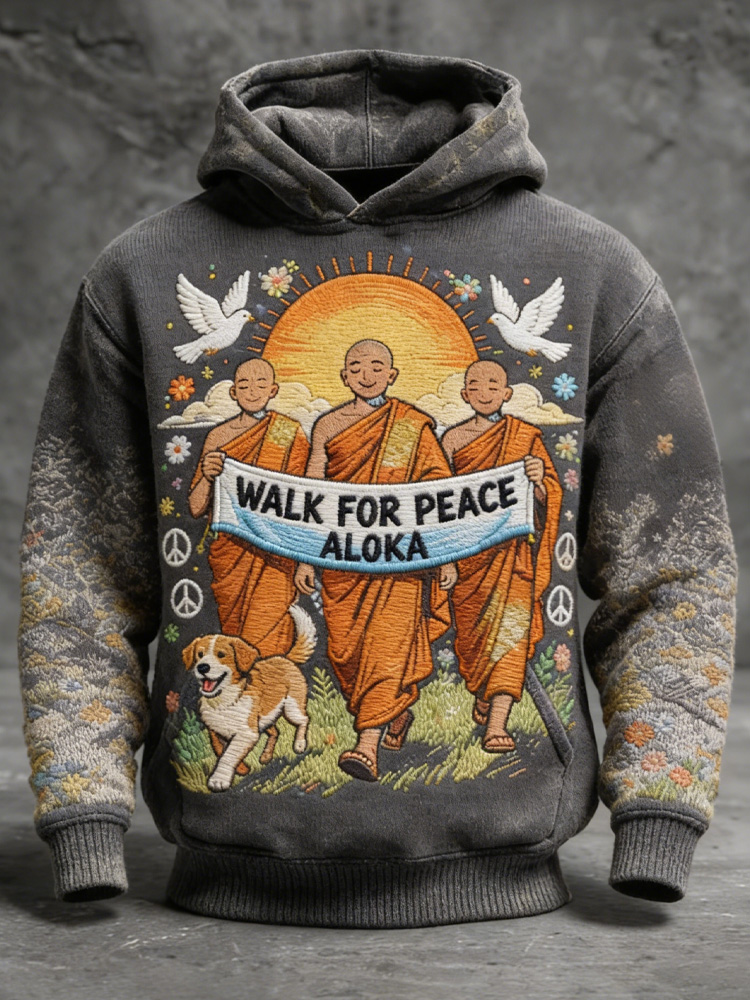 Retro Walk For Peace Monks With Aloka Dog Print Hoodie