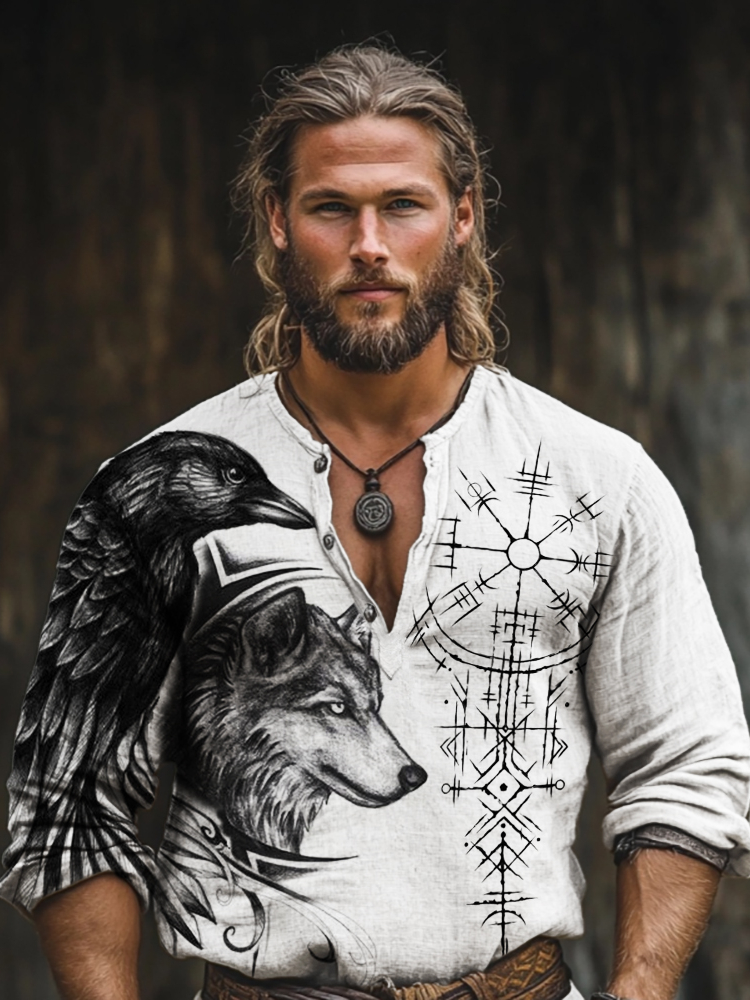 Men's Viking Vegvisir Raven & Wolf Art Linen Blend Henley Shirt