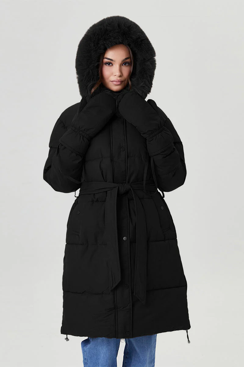 Women's Winter Cozy Solid Color Fluffy Hooded Waist Tie Thermal Long Outerwear with Gloves