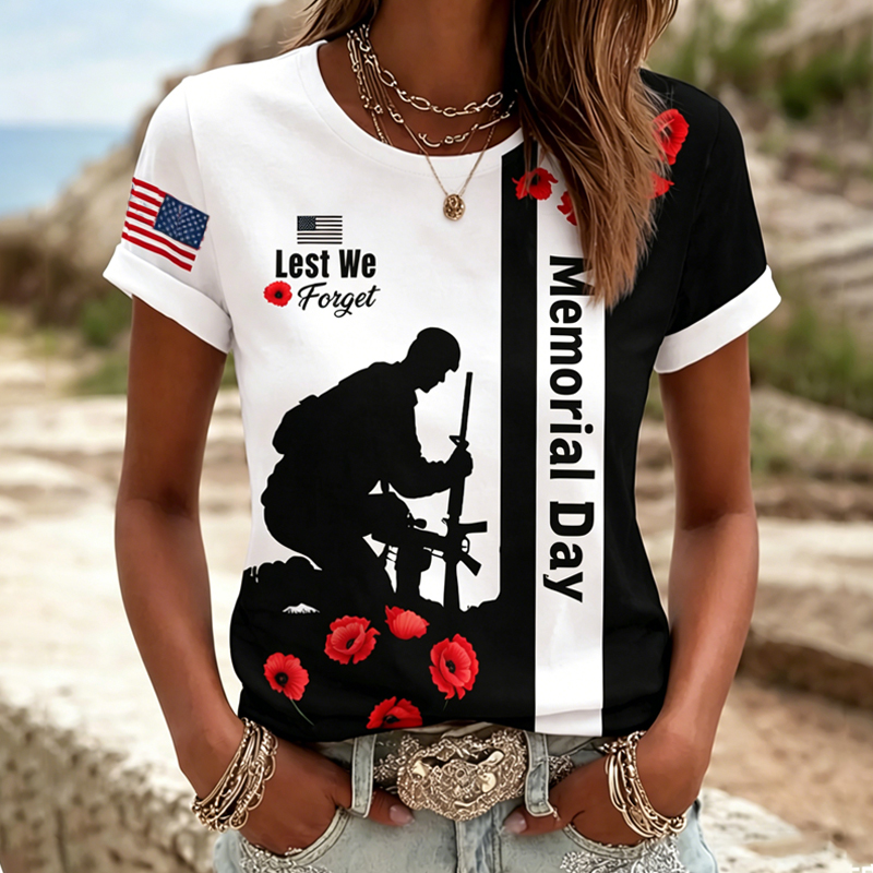 Women's Memorial Day Poppy Art Printed T-Shirt