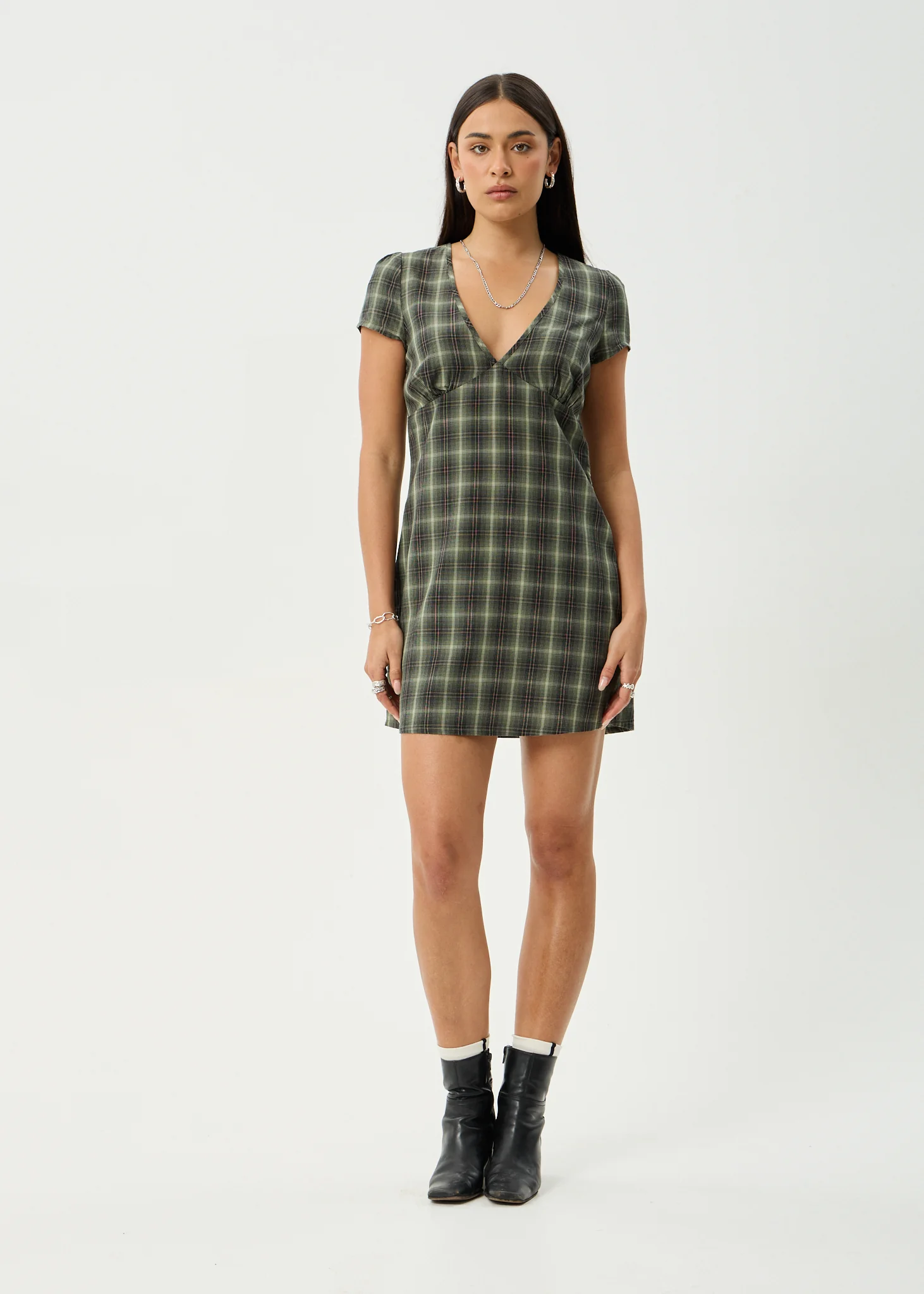 AFENDS Womens Jonah - Mini Dress - Deep Olive Check