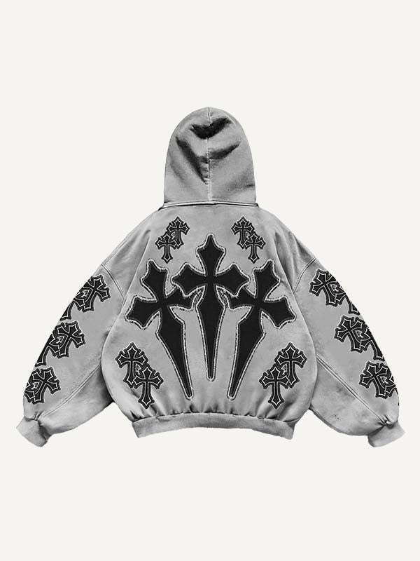 Cross&Letter Faux Decal Print Print Slant Pockets Hoodie