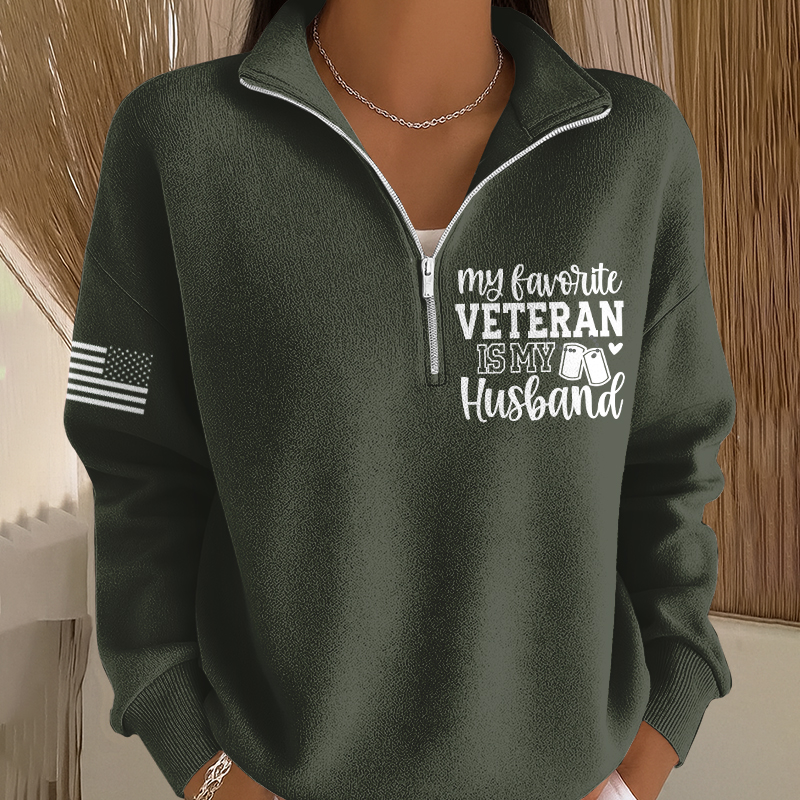 Women's My Favorite Veteran is My Husband Printed Casual Zip-Up Sweatshirt