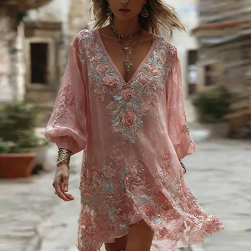 Women's Rose Floral Embroidered Casual V-neck Dress
