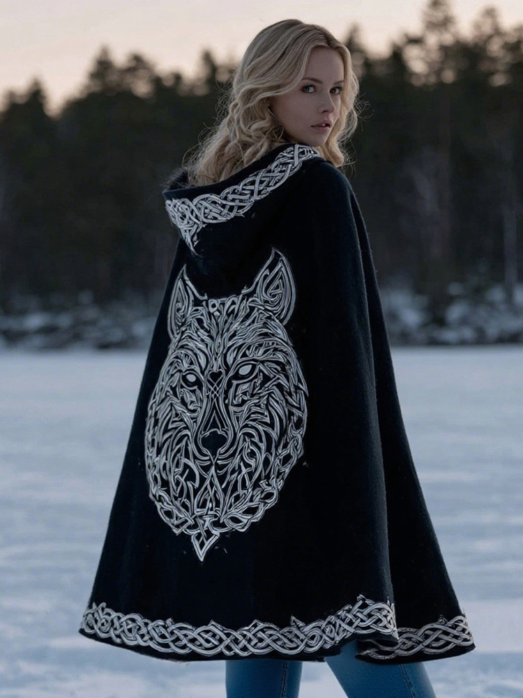 Women's Viking Celtic Wolf Pattern Casual Hooded Cape