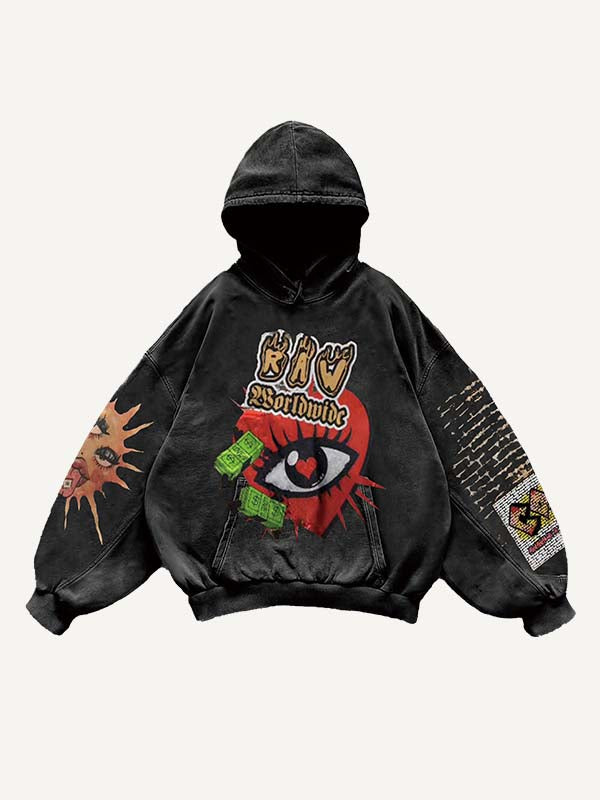 Eye&Rabbit&Heart&Sun Print Slant Pockets Hoodie