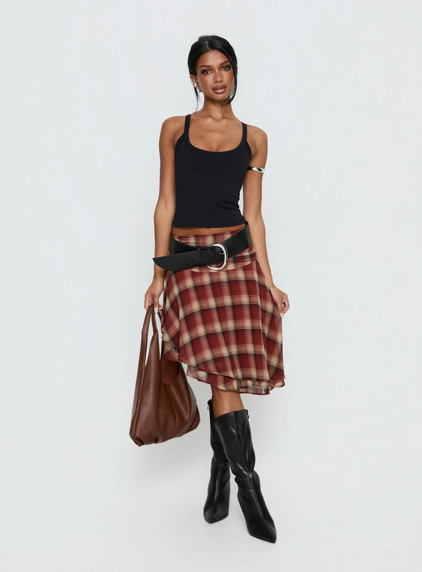 Evanescence Asymmetrical Midi Skirt Brown Check