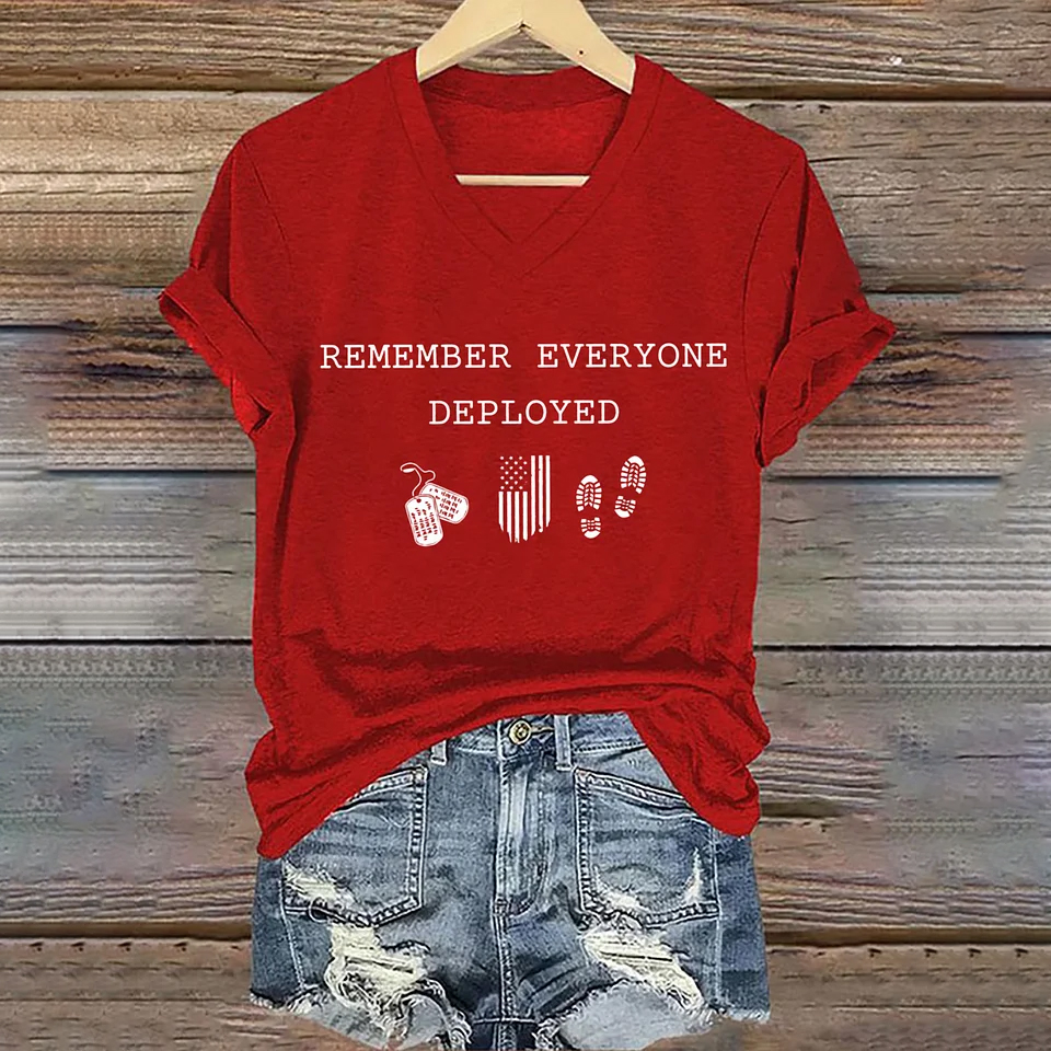 Women's On Fridays We Wear RED Remember Everyone Deployed Print V Neck T-shirt