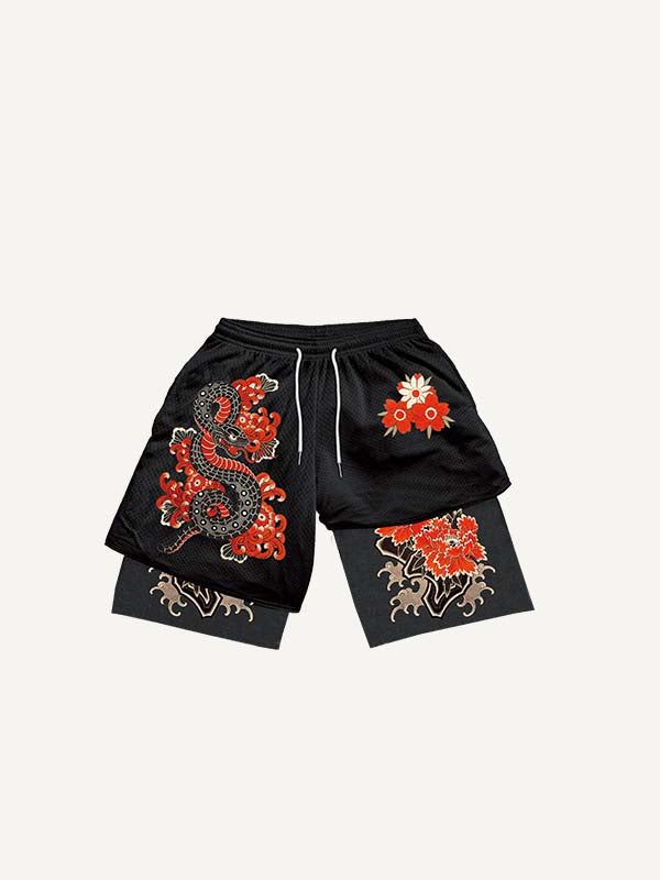 Fake Two Pieces Snake&Floral Print Drawstring Waist Shorts