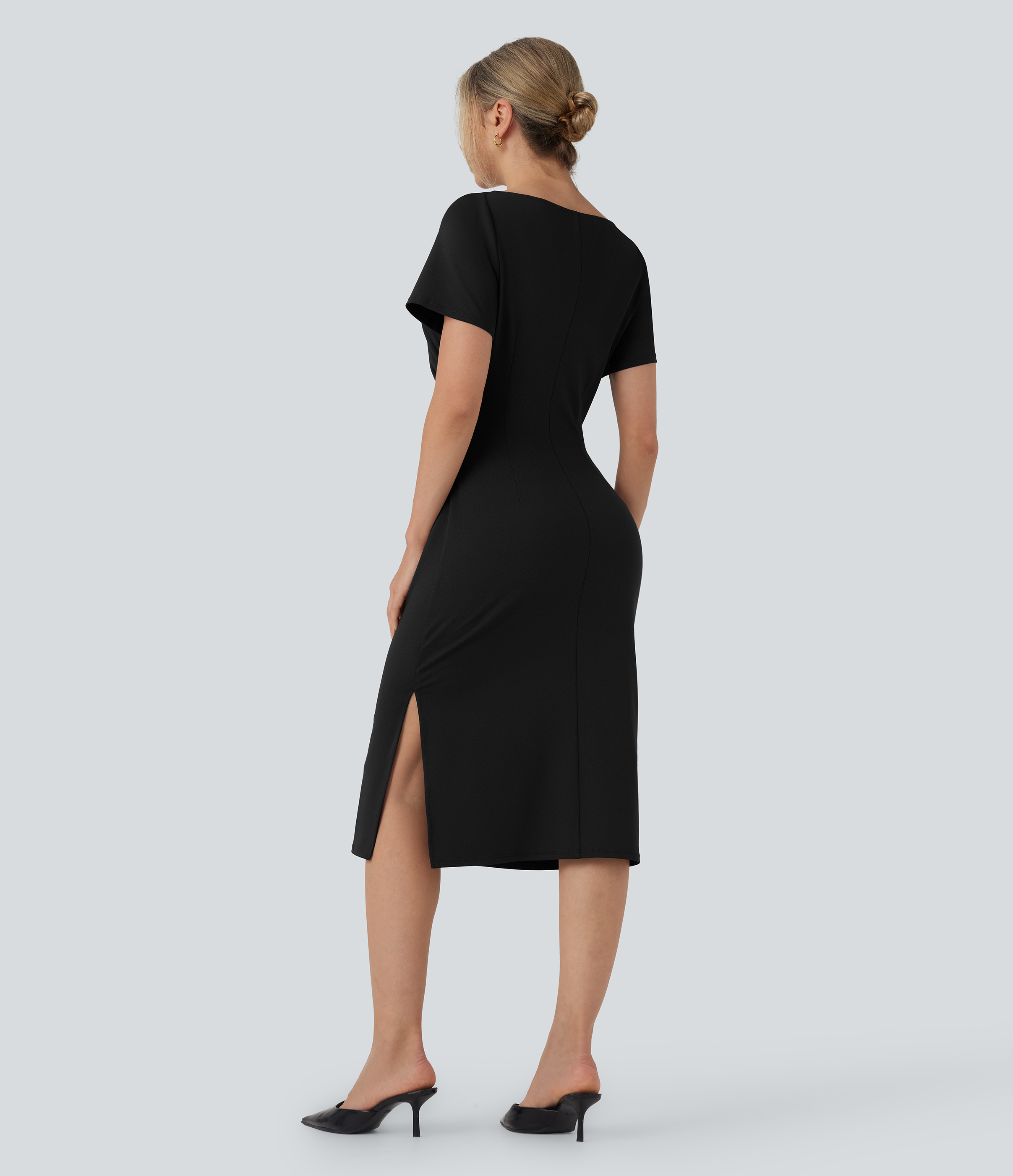 Short Sleeve Ruched Bodycon Midi Work Dress