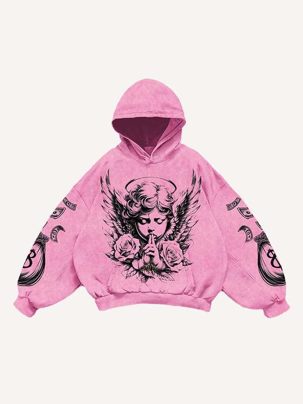 Angel&Pray&Floral&Money Print Slant Pockets Hoodie