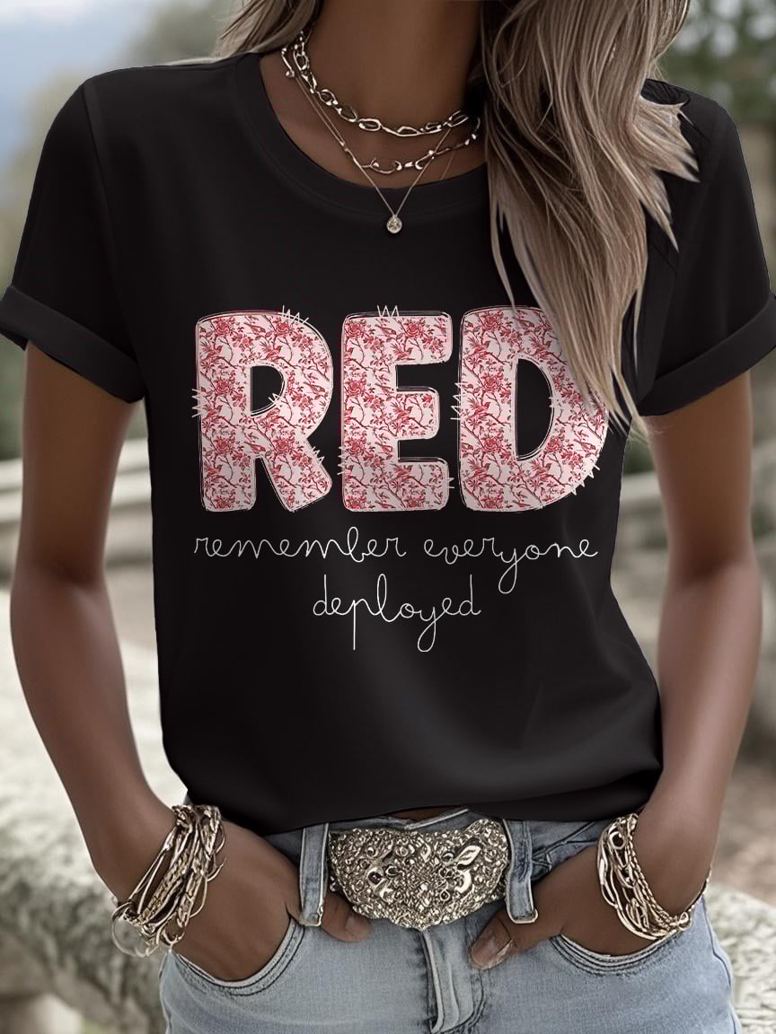 Women's On Fridays We Wear RED Remember Everyone Deployed Print T-shirt