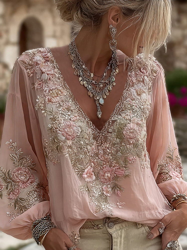 Women's Vintage Pink Floral Embroidered Art Pattern V-neck Long Sleeve Blouse