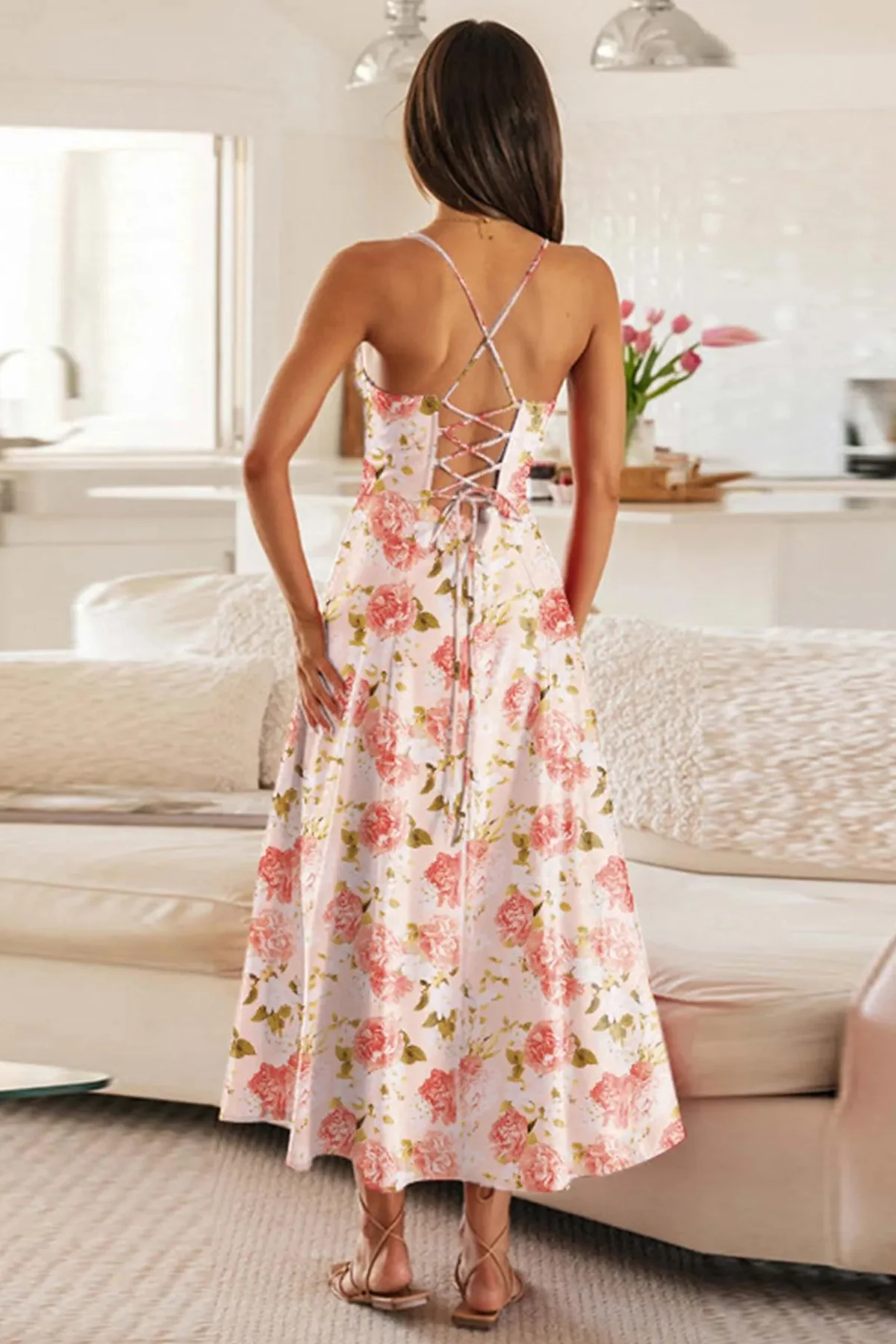 Lovely Spaghetti Strap Tie-Up High Split Maxi Dress