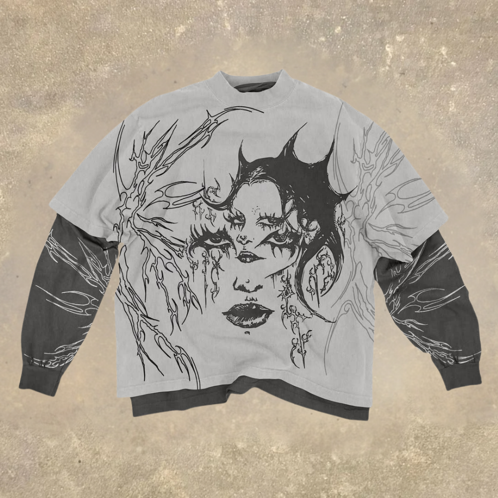 Abstract Face Graphic Layered Long Sleeve T-shirt