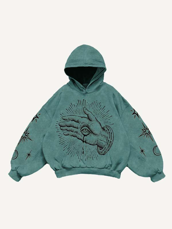 Palm&Eye&Moon&Sun Print Slant Pockets Hoodie