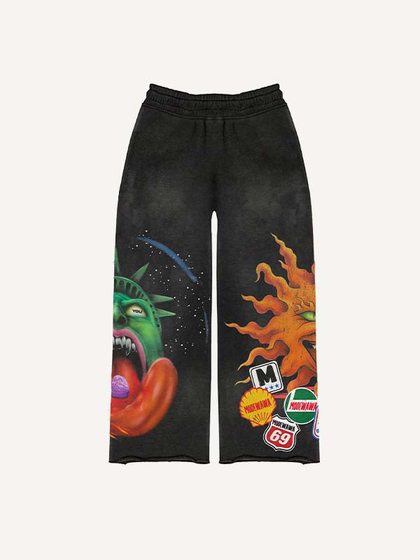 Evil Sun&Figure&Tongue&Graphic&Letter Print Elastic Waist Pants
