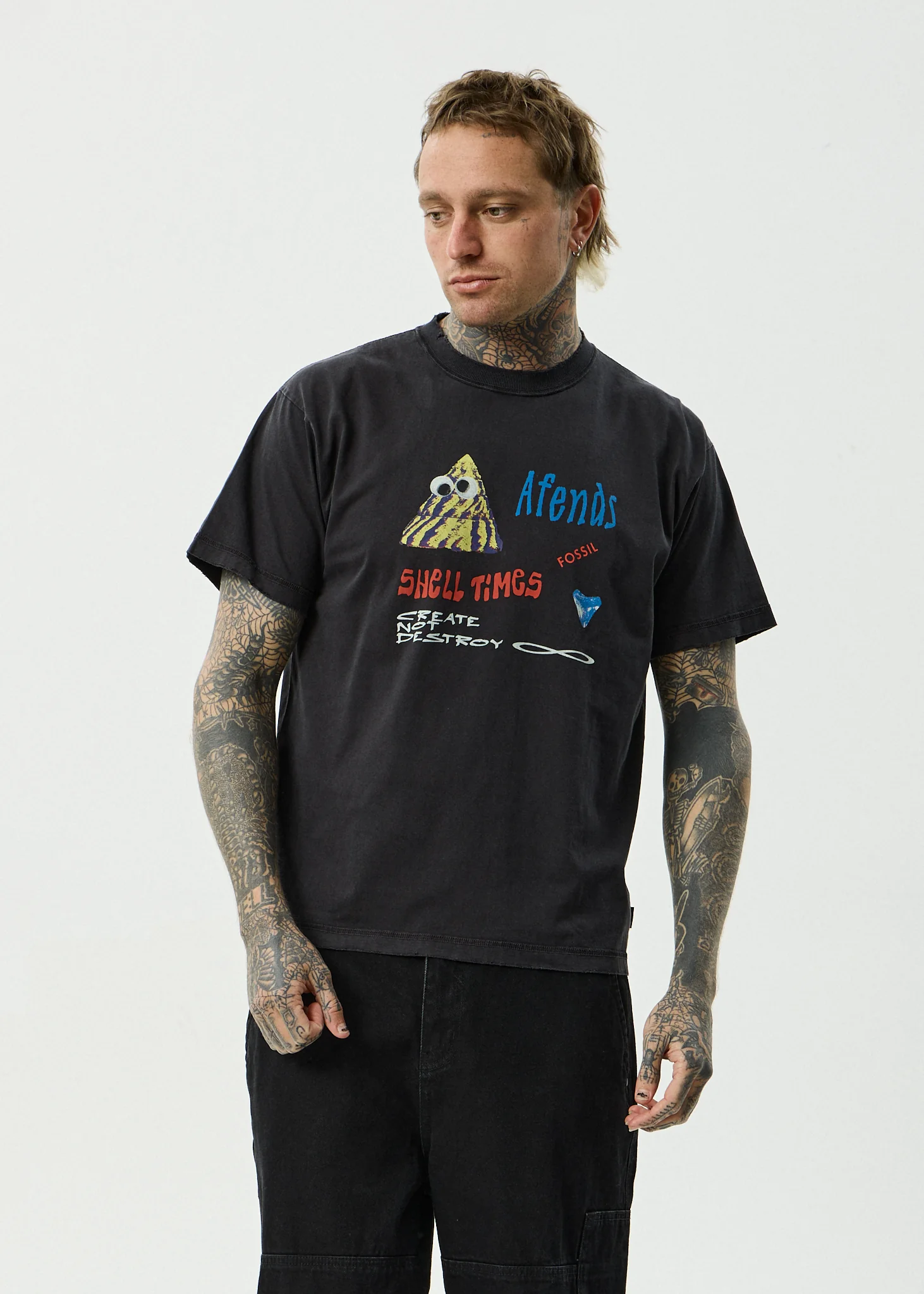 AFENDS Mens Shell Times - Boxy Tee - Stone Black