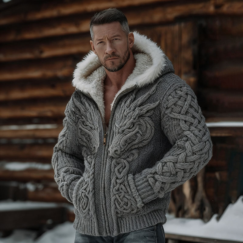 Men's Viking Celtic Knot Dragon Art Cozy Fur Collar Knit Hooded Sweater Jacket