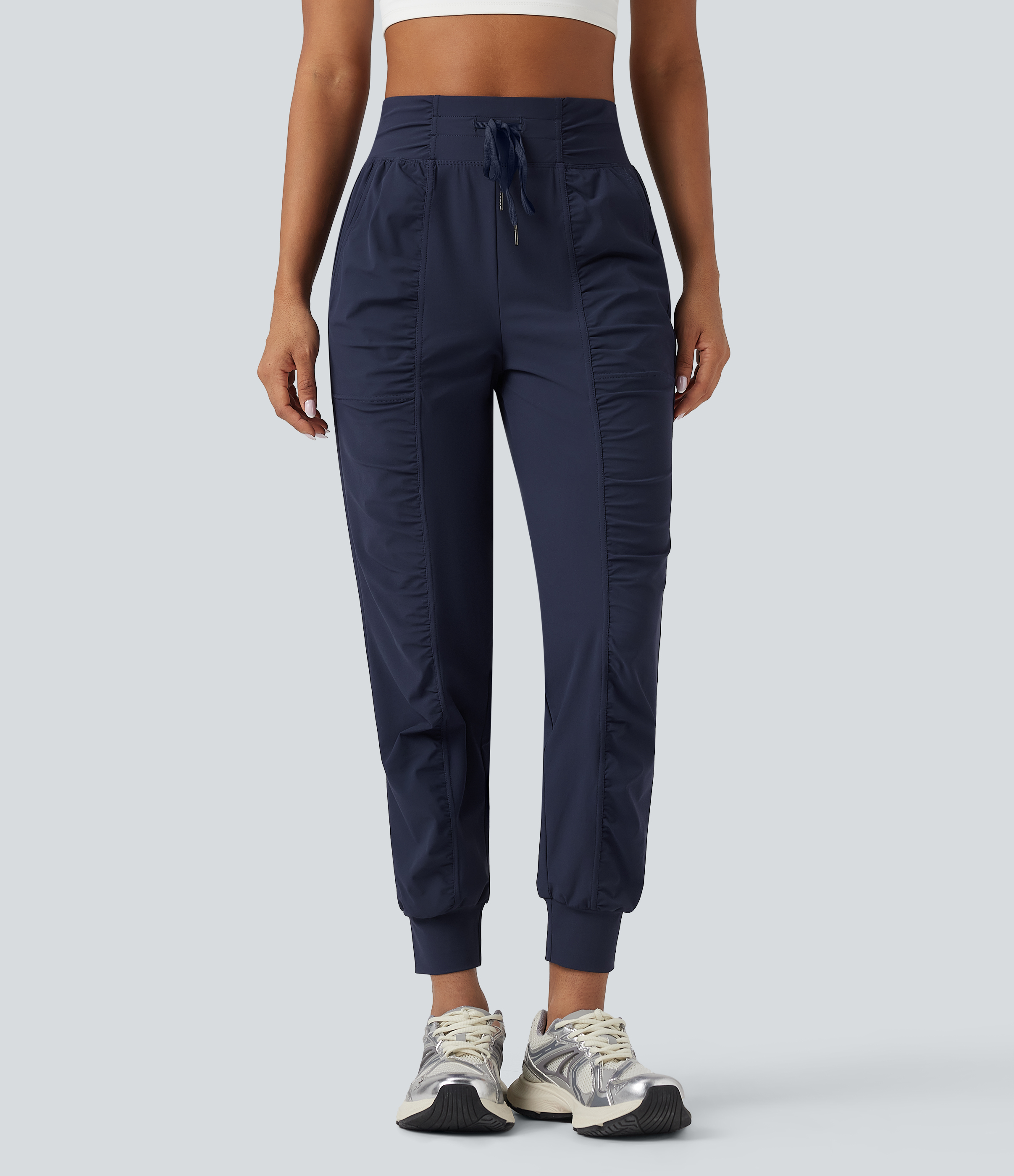 High Waisted Drawstring Ruched Tapered Quick Dry Dance Joggers with Pockets