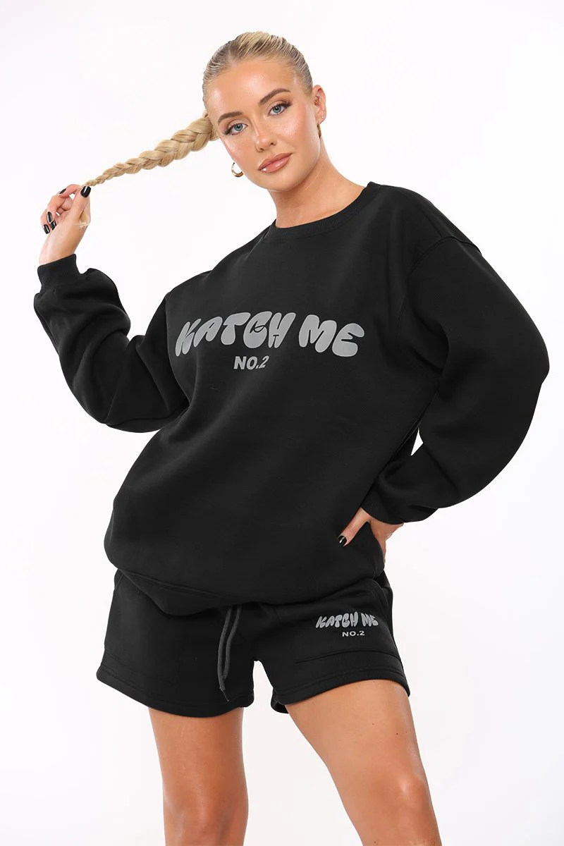 Black Letter-Print Crewneck Sweatshirt & Drawstring-Shorts 2-Piece Set