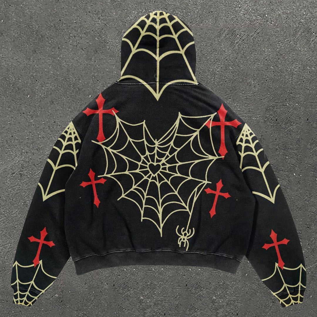 Spider Web & Cross Print Long Sleeve Hoodie
