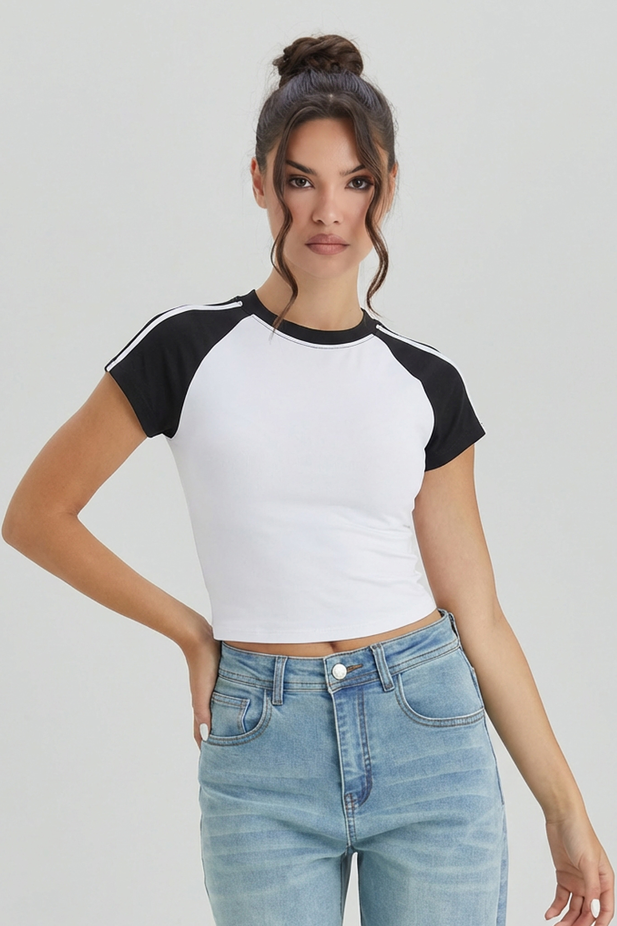 KatchMe Breathable Round Neck Color-Matching Striped Short Sleeve Top