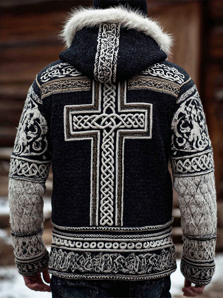 Irish Cross Pattern Men's Knit Hooded Wool Collar Zipper Jacket