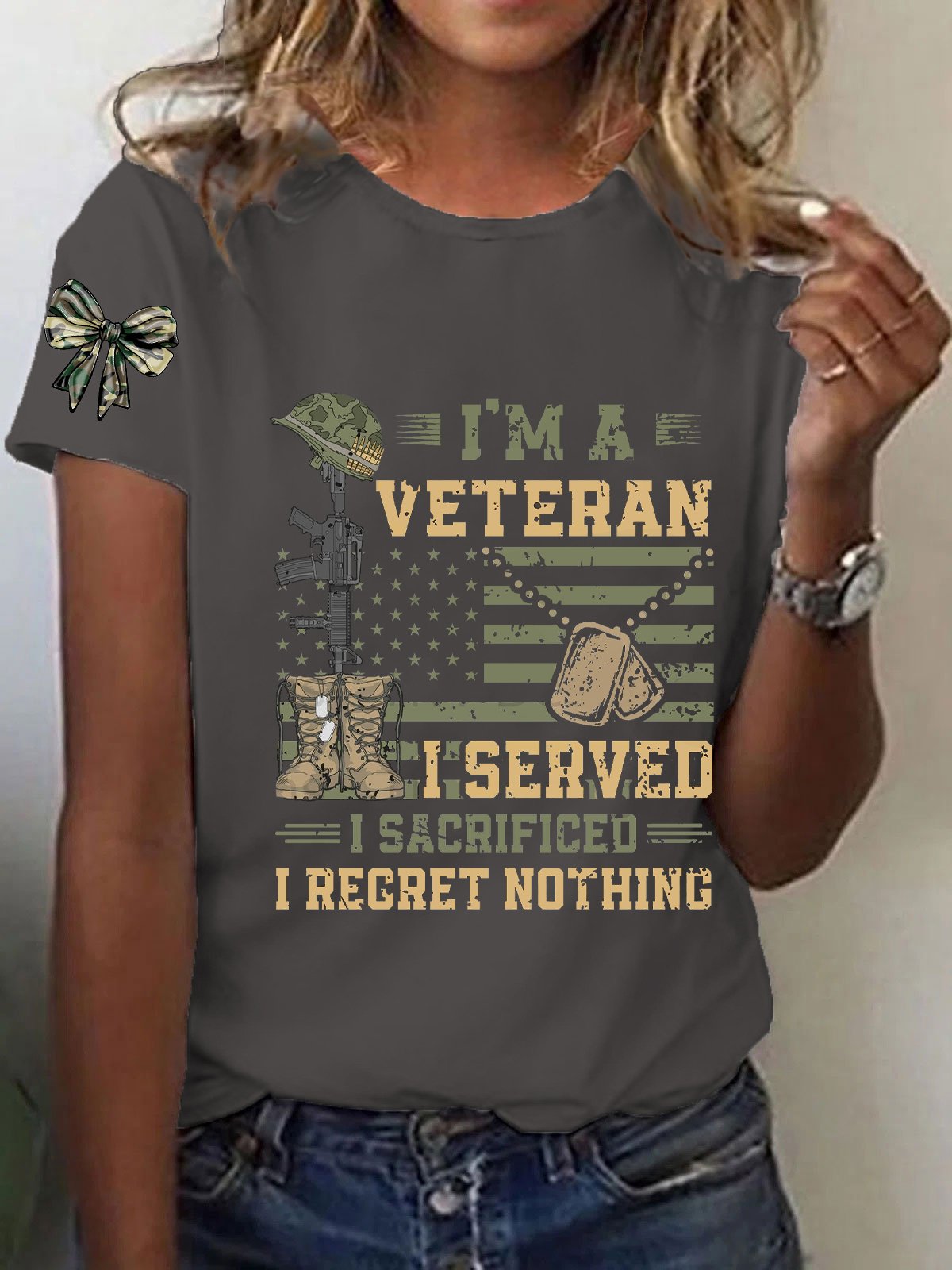 Women's Patriotic Veteran USA Flag Print T-Shirt