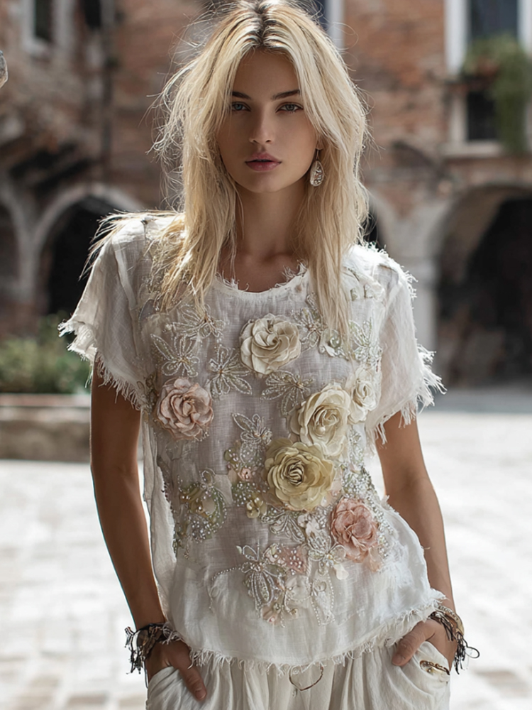 Vintage Bohemian Style Handmade Rose Flower Round Neck Short Sleeve