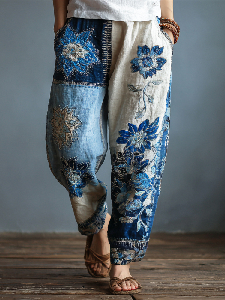 Boho Threaded Floral Geometric Patchwork Embroidered Women's Vintage Linen Trousers