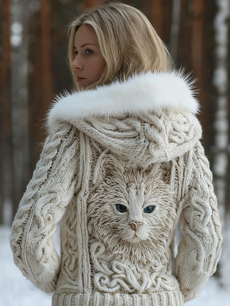 Viking Retro Cat Design Women's Hooded Knit Sweater Jacket