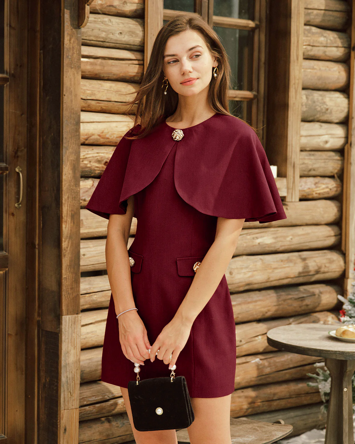 Wine Red Cape Sleeve Pocket Mini Dress