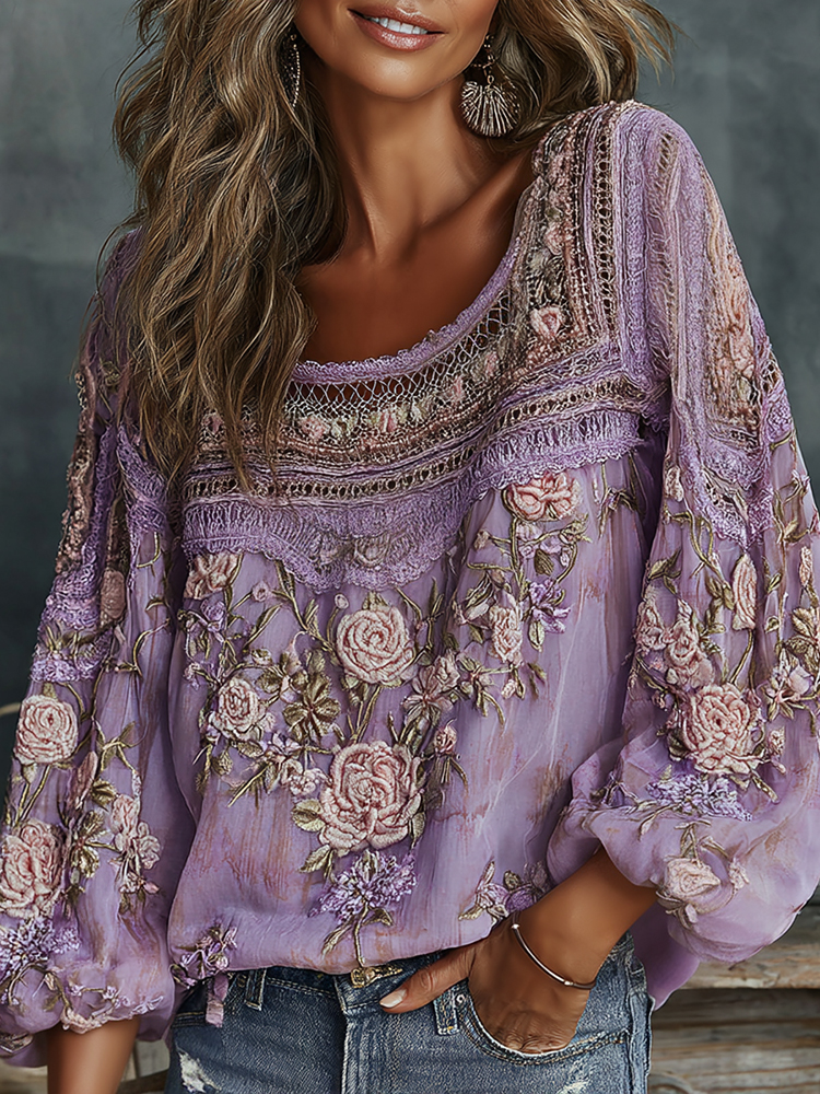 Women's Floral Embroidered Art Print Flowy Linen Blend Casual Tops