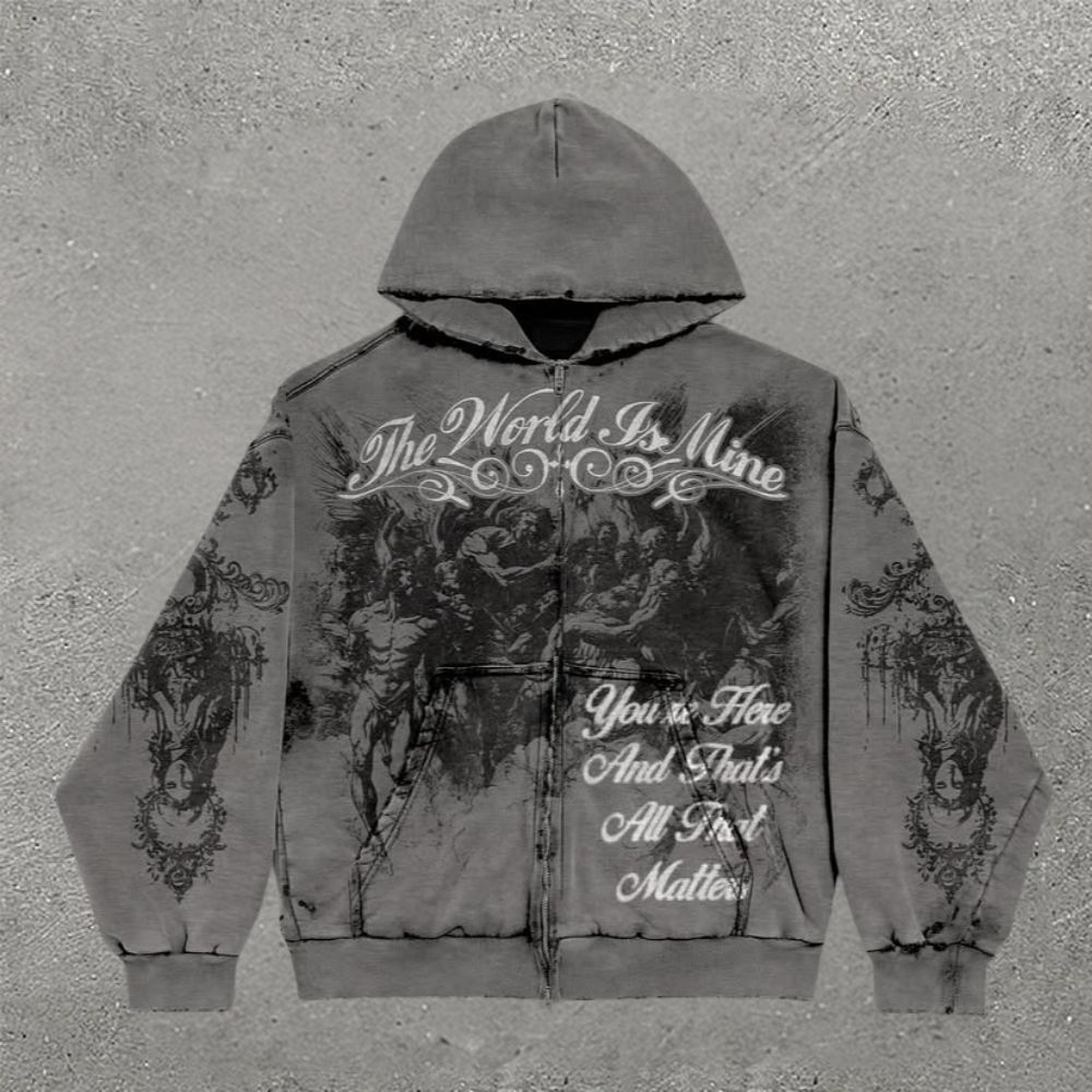 Gothic Typography & Ornate Print Zip Up Hoodie
