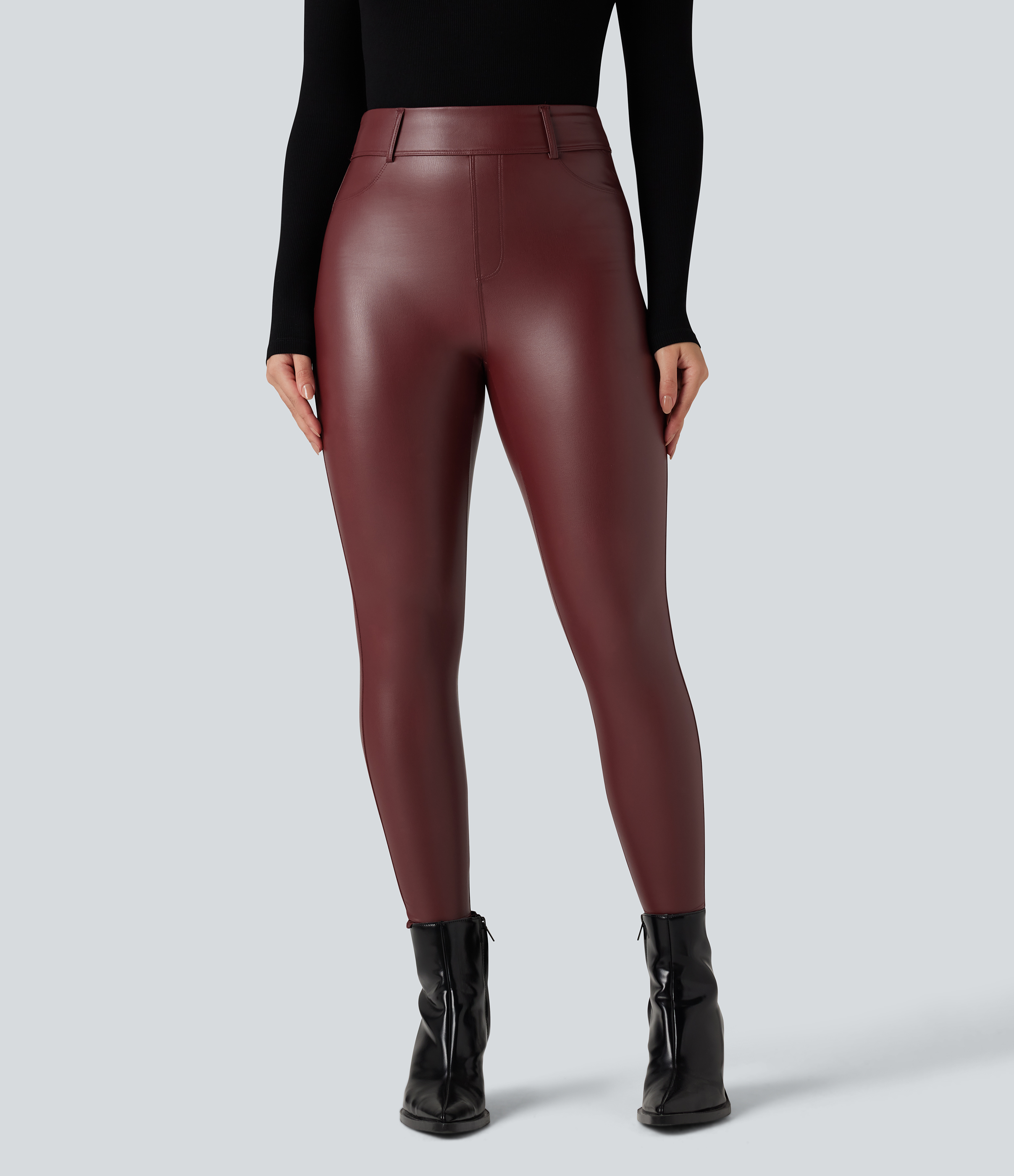 High Waisted Stretchy PU Fleece Casual Leggings with Pockets