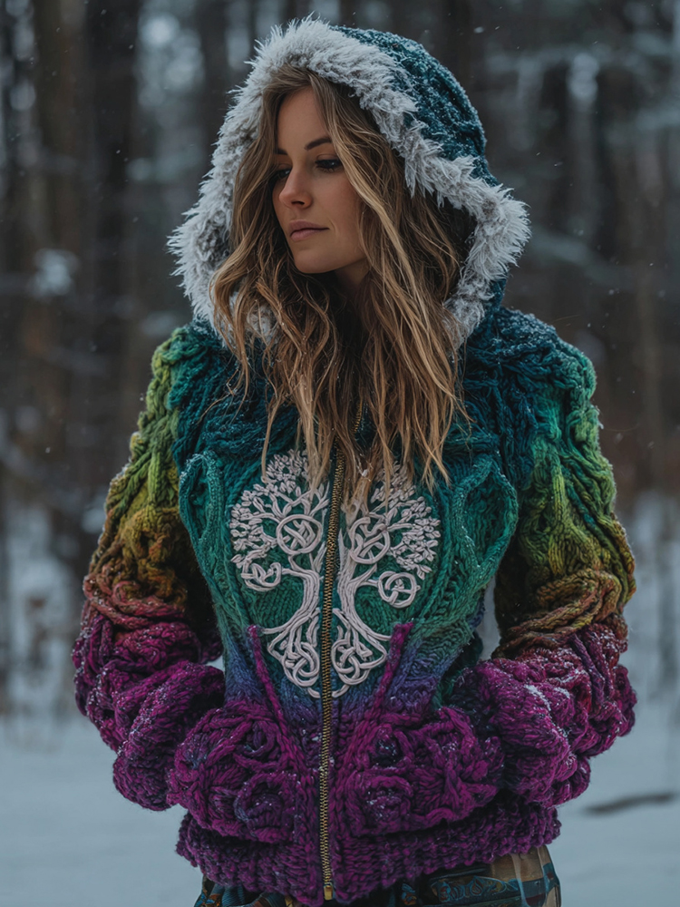 Women's Viking Retro Style Tree Of Life Pattern Knit Hooded Sweater Jacket