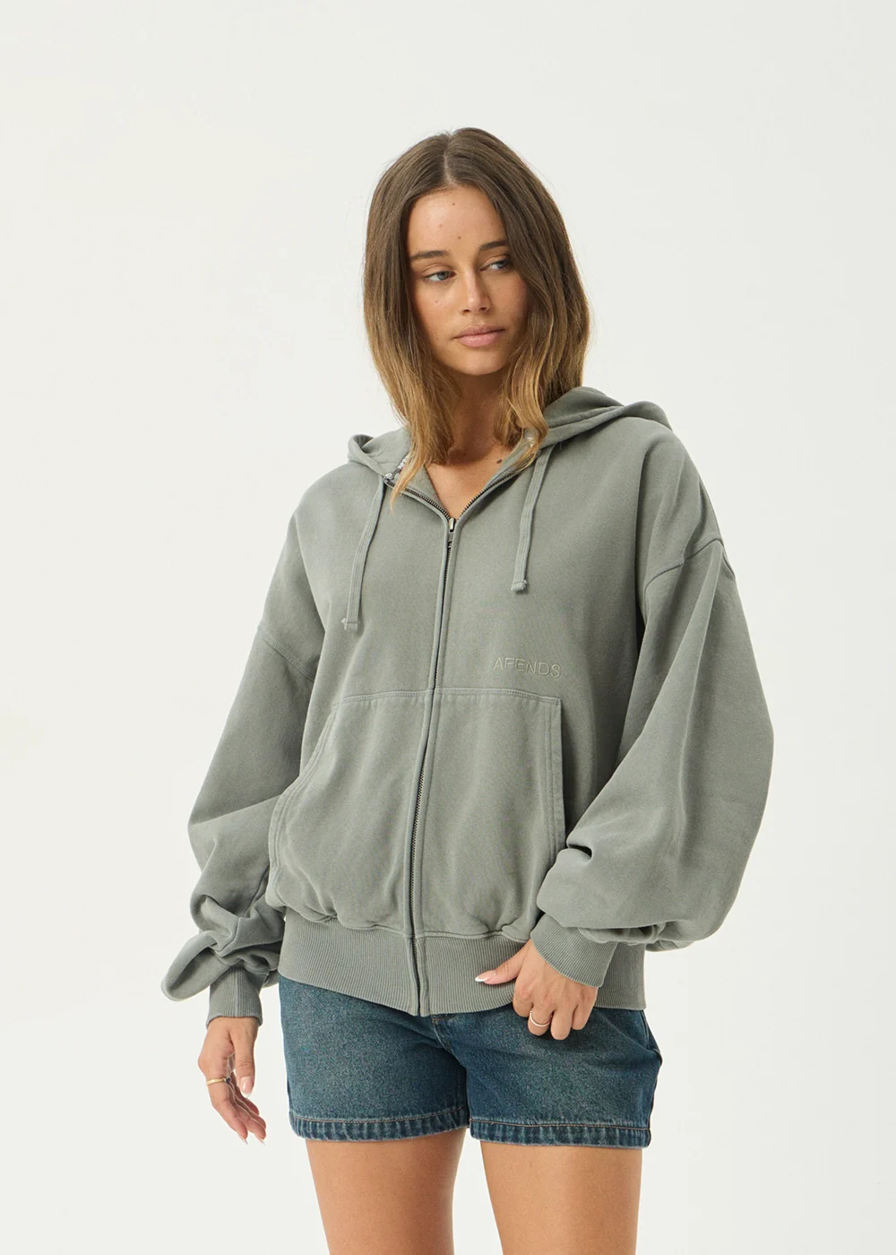 AFENDS Mens Genesis - Boxy Zip Hood - Washed Sycamore