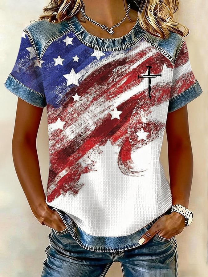 Women's casual blue, red, and white faith-themed waffle-knit T-shirt