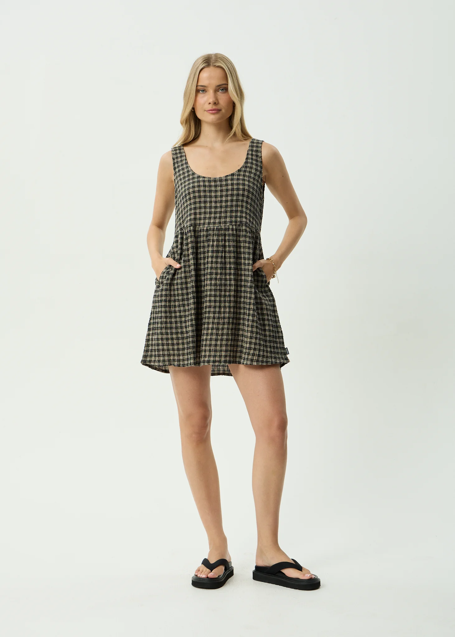AFENDS Womens Jesse -  Seersucker Mini Dress - Tan / Olive Check
