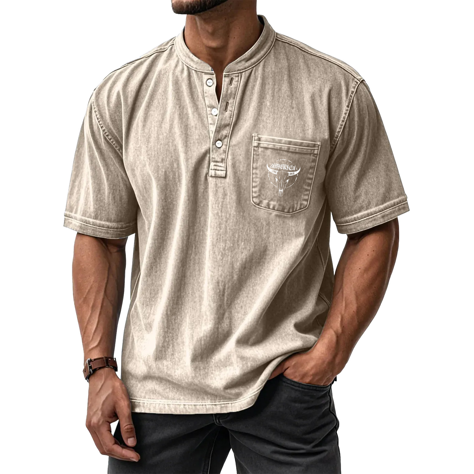 Men's Washed Cotton Short-Sleeve Henley Collar T-Shirt (Upgraded Version)