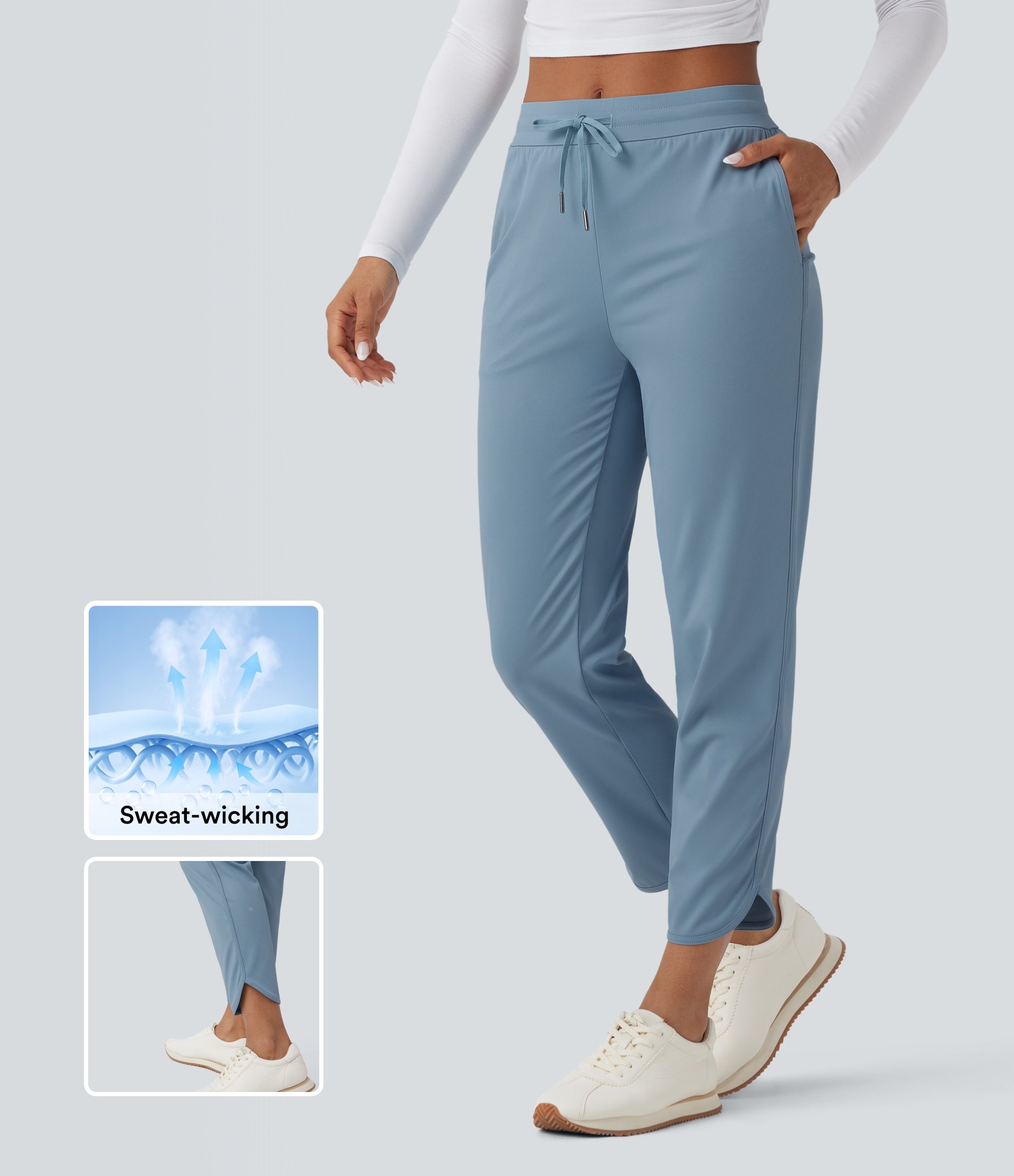 Mid Rise Drawstring Curved Hem Quick Dry Golf Tapered Pants with Pockets-UPF40+