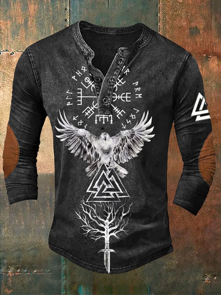 Tribal Viking Bird Graphics Henley Collar Long Sleeves T-Shirt