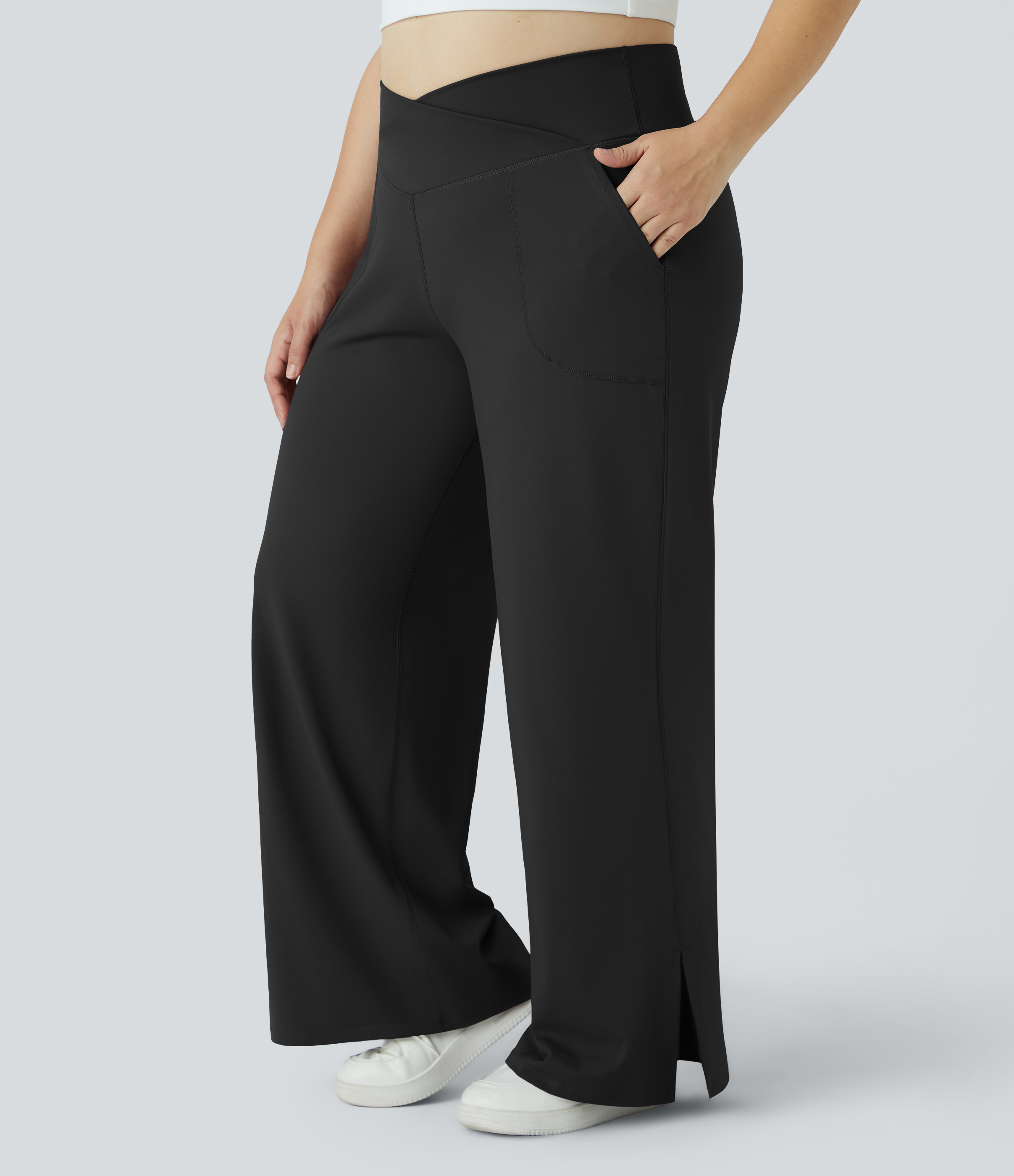 Crossover Pocket Hem Plus Size Wide Leg Yoga Pants-Smile