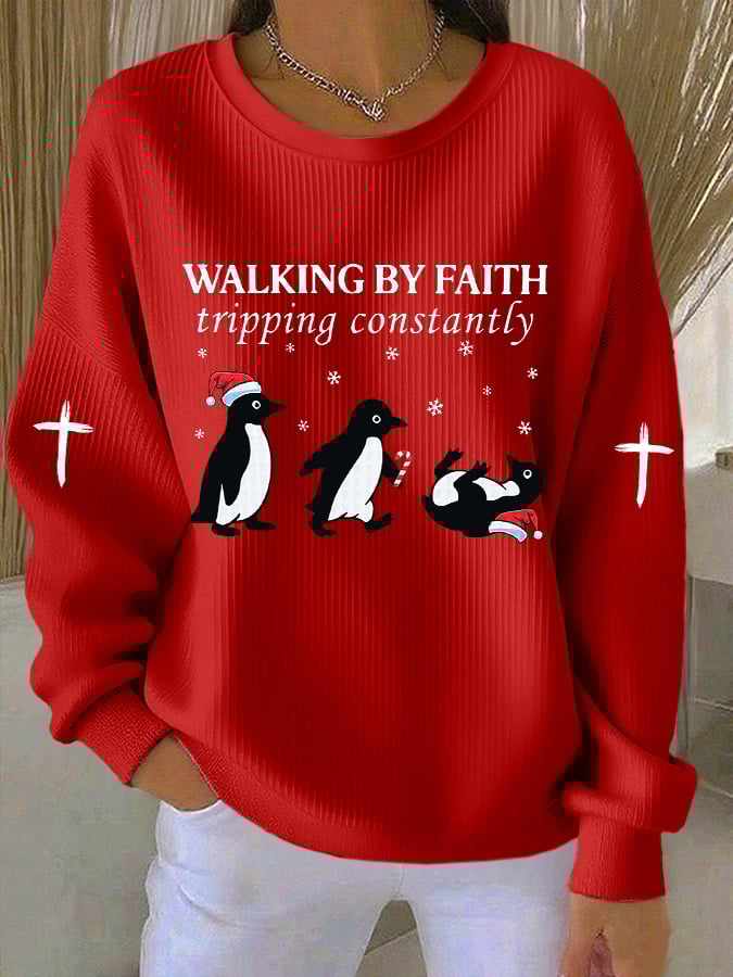 Women's Funny Christmas Goose Walking By Faith Tripping Constantly Print Casual Sweatshirt