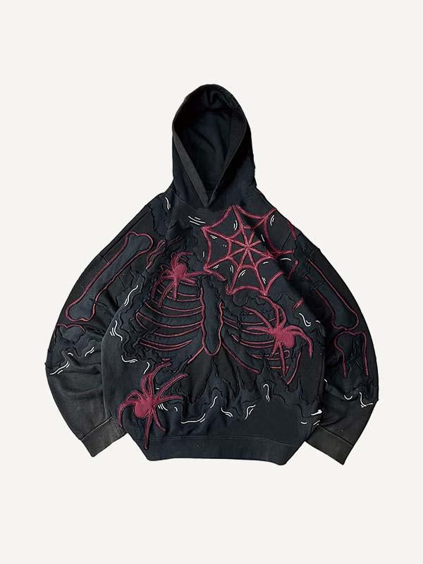 Skeleton&Spider&Web Faux Decal Print Slant Pockets Hoodie